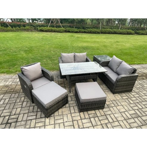 Fimous Lounge Rattan Sofa Set Outdoor Garden Furniture Oblong Rectangular Dining Table With Chairs 2 Big Footstool Side Table 7 Seater Dark Grey Mixed