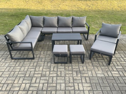 Fimous Aluminum 10 Seater Outdoor Lounge Corner Sofa Set Garden Furniture Sets with Oblong Coffee Table Chair 3 Footstools Dark Grey