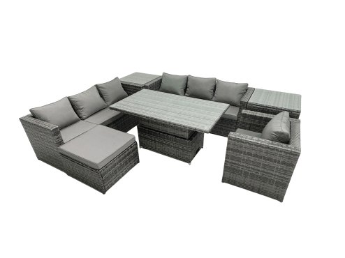 Fimous Rattan Dining Table Sofa Set with 2 Side Table Big Footstool Armchair Outdoor 8 Seat Garden Furniture Set Dark Grey Mixed
