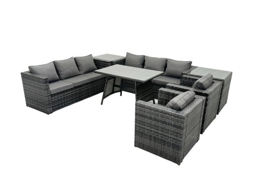 Fimous Rattan Dining Table Sofa Set with Armchair 2 Side Tables Outdoor 8 Seat Garden Furniture Set Dark Grey Mixed