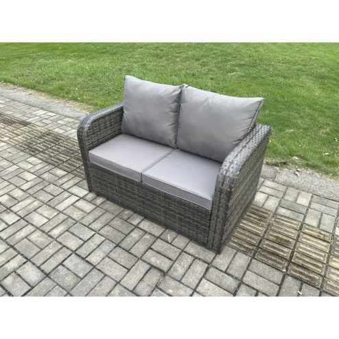 Fimous Patio Rattan Garden Furniture Set with Oblong Rectangular Dining Table 2 Big Footstool 6 Seater Outdoor Lounge Sofa Set Dark Grey Mixed