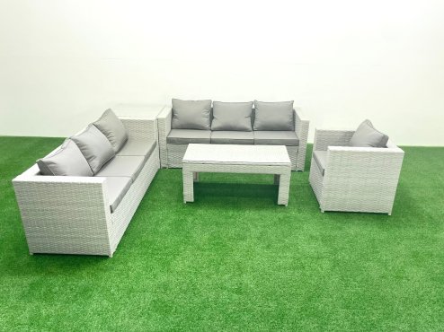 Fimous Wicker PE Rattan Sofa Garden Furniture Set with Oblong Coffee Table Armchair Side Table Light Grey Mixed