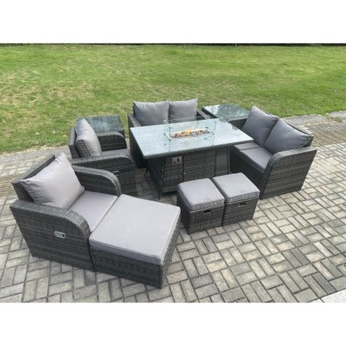 Fimous 9 Seater Rattan Garden Furniture Set Propane Gas Fire Pit Table and Sofa Chair set with 3 Footstool 2 Side Tables