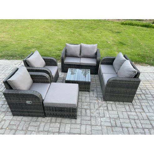 Fimous 7 Seater Rattan Sofa Set Outdoor Garden Furniture Set with Square Coffee Table Loveseat Sofa Reclining Chairs Big Footstool Dark Grey Mixed