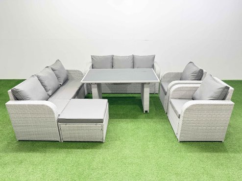 Fimous 9 Seater Wicker PE Rattan Furniture Outdoor Dining Table 3 Seater Sofa Reclining Chair Set with Big Stool Light Grey