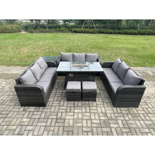 Fimous Rattan Furniture Garden Dining Set Gas Fire Pit Table With Side Table Lounge Sofa 2 Small Footstools Dark Grey Mixed