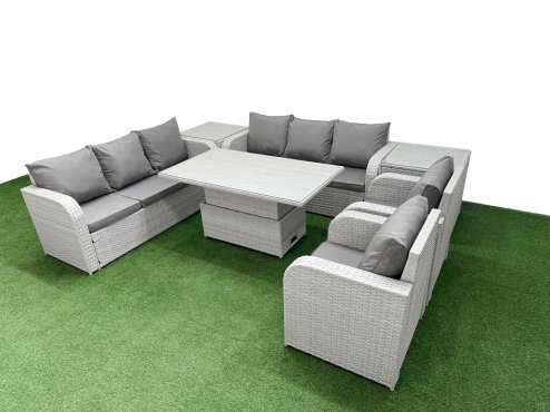 Fimous PE Rattan High Back Lounge Sofa Set Patio Adjustable Lifting Dining or Coffee Table & Chairs Set with 3 Seater Sofa Reclining Chair 2 Side Table Light Grey