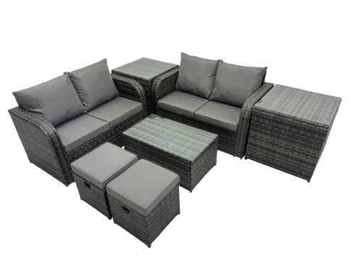 Fimous Outdoor Love Sofa Coffee Table Set Garden Rattan Furniture Set 6 Seater with 2 Small Stools 2 Side Tables Dark Grey