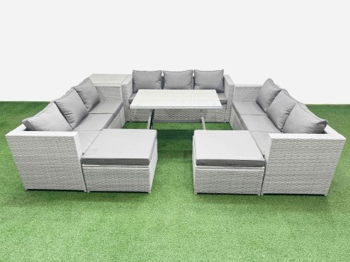 Fimous 11 Seat Outdoor Patio PE Rattan Garden Furniture with Cushions 3 Seater Sofa Side Table 2 Big Stools Light Grey