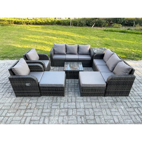 Fimous High Back Rattan Garden Furniture Set with Square Coffee Table 2 Big Footstool Side Table Indoor Outdoor Patio Lounge Sofa Set Dark Grey Mixed