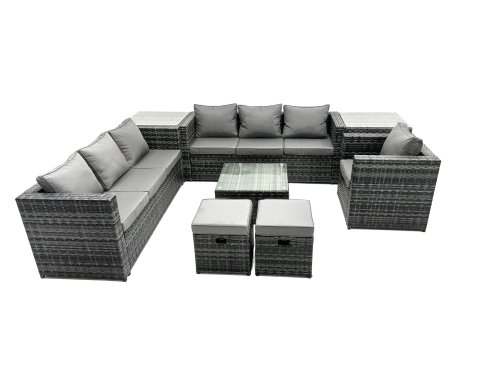 Fimous Rattan Garden Furniture Dining Set 9-seater Patio Coffee Table Sofa Set with 2 Side Tables 2 Small Stools Dark Grey Mixed