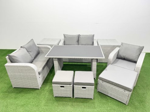 Fimous Rattan Sofa Outdoor Furniture with Dining Table,2 Side Tables,Love Sofa,3 Stools Patio Furniture Light Grey 8 Seater