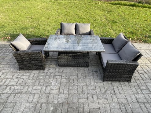 Fimous 4pcs Rattan Outdoor Garden Furniture Sofa Set Height Adjustable Rising Lifting Table Dark Grey Mixed