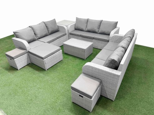 Fimous PE Rattan Lounge Sofa Set 12 Seater Outdoor Garden Furniture Set with Rectangular Coffee Table 3 Seater Sofa 3 Stools Side Table Light Grey