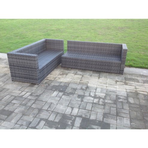 Fimous Dark Grey Mixed Rattan Garden Furniture Corner Sofa Set Oblong Coffee Table Chair Footstools