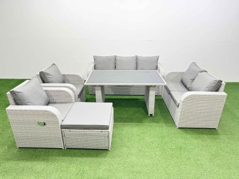 Fimous 8 Seater Garden Furniture Set PE Ratten Garden Sofa Set with Rectangular Dining Table Big Stool Light Grey