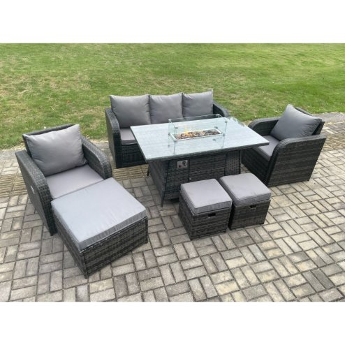 Fimous Wicker Rattan Garden Furniture Sofa Set Gas Fire Pit Dining Table Indoor Outdoor with Chair 3 Footstools