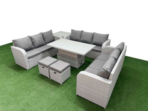 Fimous PE Rattan Lounge Sofa Set 11 Seater Outdoor Garden Furniture Set with Adjustable Lifting Dining or Coffee Table 3 Seater Sofa 2 Stools Side Table Light Grey