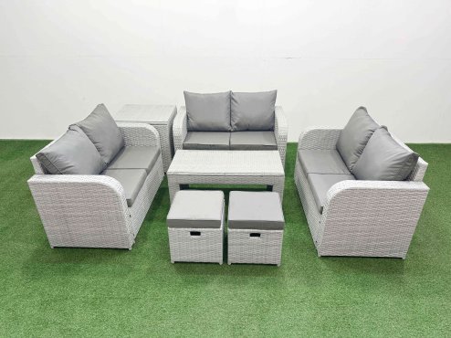 Fimous 8 Seater PE Wicker Rattan Furniture Sofa Sets with Oblong Coffee Table 2 Seater Love Sofa 2 Stool Side Table Light Grey