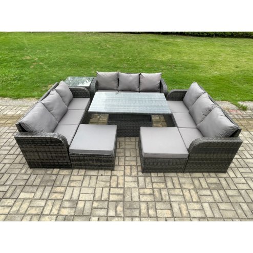 Fimous 11 Seater Garden Dining Sets Outdoor Rattan Furniture Lounge Sofa Height Adjustable Rising lifting Table With Side Table 2 Big Footstool Dark Grey Mixed