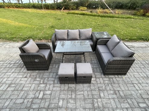 Fimous 8 Seater Outdoor Rattan Garden Furniture Set Patio Lounge Sofa Set with Dining Table Side Table 2 Small Footstools Dark Grey Mixed