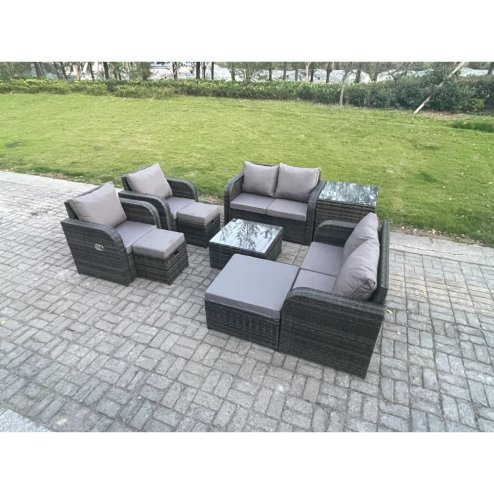 Fimous Garden Furniture Set Rattan Outdoor Lounge Sofa Chair With Tempered Glass Table 3 Footstools Side Table Dark Grey Mixed