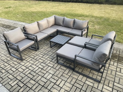 Fimous 10 Seater Outdoor Aluminium Garden Furniture Set Corner Lounge Sofa Set with Square Coffee Table Chair 2 Big Footstools Dark Grey