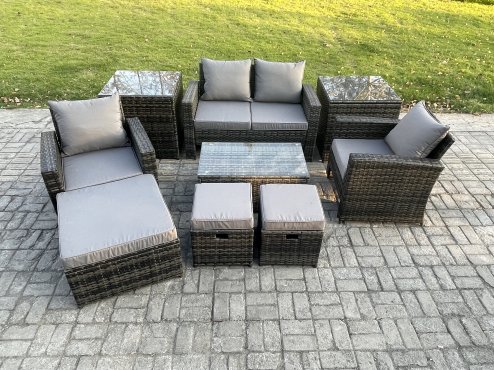 Fimous 7 Seater Dark Grey Outdoor Rattan Garden Furniture Set Patio Lounge Sofa Rectangular Coffee Table with 2 Side Table 3 Footstools