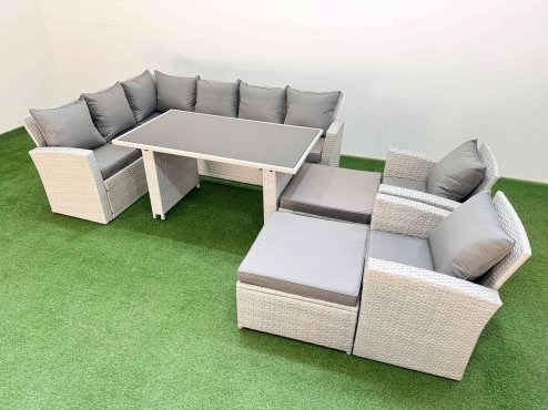 Fimous 10 Seater Wicker Rattan Corner Sofa Sets Outdoor Garden Furniture Sets with Rectangular Dining Table Lounge Sofa 2 Big Footstools Light Grey