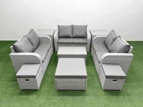 Fimous 9 Seater PE Wicker Rattan Furniture Sofa Sets with Rectangular Coffee Table 2 Seater Love Sofa 3 Stool 2 Side Table Light Grey