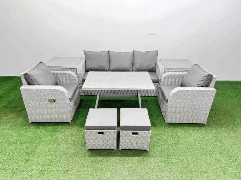 Fimous Reclining Chair 3 Seat Sofa Set Garden Furniture Set with Rectangular Dining Table 2 Side Tables 2 Small Footstools Light Grey