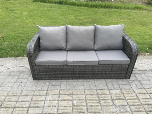 Fimous Outdoor Lounge Sofa Set Wicker PE Rattan Garden Furniture Set with Rectangular Dining Table Side Table 2 Big Footstool Dark Grey Mixed
