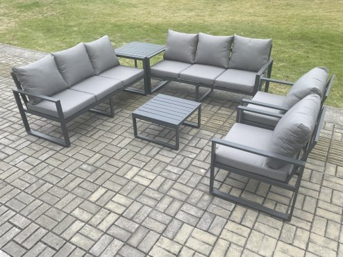 Fimous Aluminium Outdoor Lounge Sofa Set Garden Furniture Sets with Square Coffee Table 2 Chairs Side Table Dark Grey 8 Seater