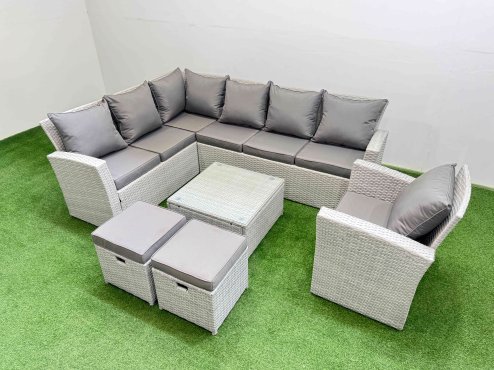 Fimous Outdoor Rattan Garden Furniture Set 9 Seater Corner Sofa Sets with Square Coffee Table Chair 2 Small Footstools Light Grey Mixed