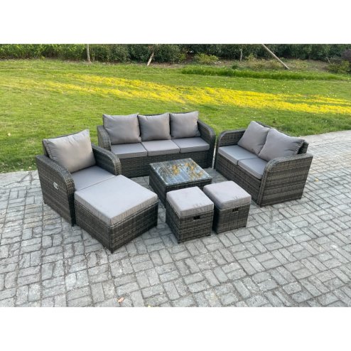 Fimous Rattan Garden Furniture 7 Piece Patio Set With Table Sofa Square Coffee Table Reclining Chair Love seat sofa Side 3 Seater Sofa 3 Footstools