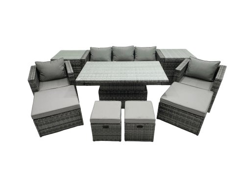 Fimous PE Rattan Garden Furniture Set Lounge Sofa Rising Dining Table Set with 2 Side Tables 4 Footstool Dark Grey Mixed