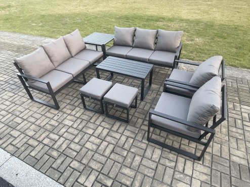 Fimous Aluminium Outdoor Garden Furniture Lounge Sofa 2 PC Chairs Oblong Coffee Table Sets with Side Table 2 Small Footstool Dark Grey