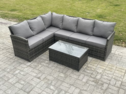 Fimous Rattan Lounge Corner Sofa Set Wicker PE Outdoor Garden Furniture Set with Rectangular Coffee Table Dark Grey Mixed