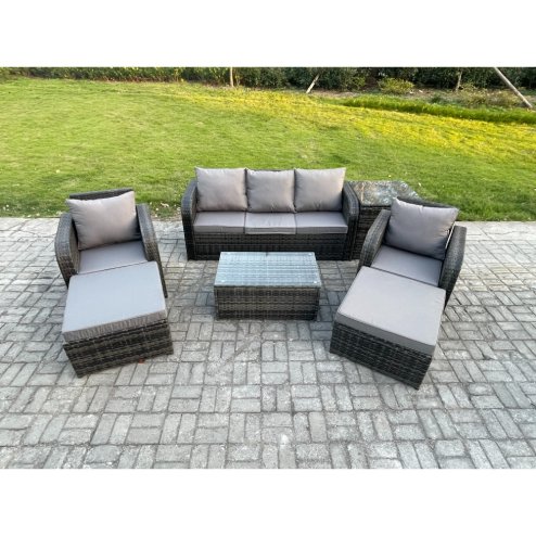 Fimous 7 Seater Rattan Garden Furniture Set Patio Outdoor Lounge Sofa Set with Rectangular Coffee Table 2 Big Footstool 3 Seater Sofa Side Table Dark Grey Mixed