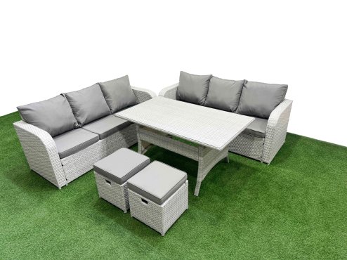 Fimous Outdoor Garden Furniture Sets 8 Seater Wicker Rattan Furniture Sofa Sets with Rectangular Dining Table high Back Lounge Sofa Stools Light Grey