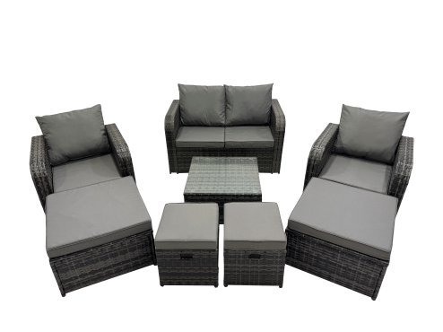 Fimous Rattan Garden Outdoor Furniture Set Love Sofa Reclining Chair Square Coffee Table Set with 4 Stools Dark Grey Mixed