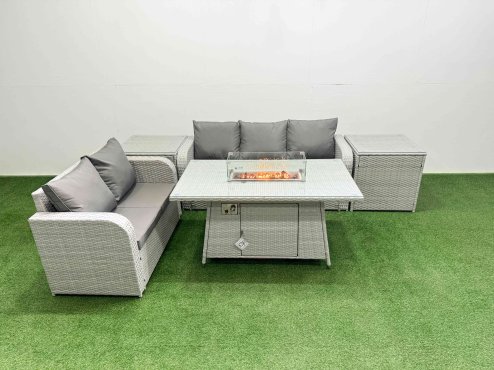 Fimous 5 Seater PE Rattan Wicker Garden Furniture Patio Conservatory Sofa Set with Firepit Dining Table 3 Seater Sofa Love Sofa 2 Side Table