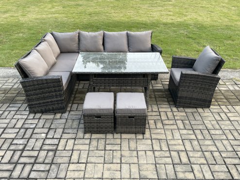 Fimous 9 Seater Garden Rattan Furniture Corner Dining Set with 2 Small Footstools Armchair Indoor Outdoor Lounge Sofa Set
