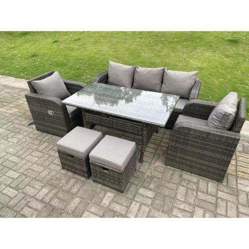 Fimous Dark Grey PE Wicker Rattan Garden Furniture Set 3 Seater Lounge Sofa Reclining Chair Outdoor Rectangular Dining Table With 2 Stools 7 Seater