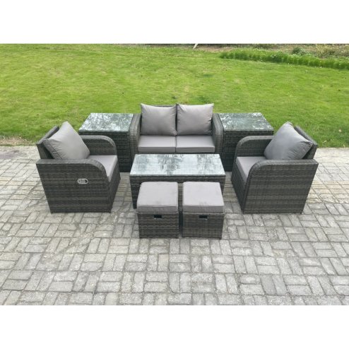 Fimous Outdoor Lounge Sofa Set Wicker PE Rattan Garden Furniture Set with Reclining Chair Coffee Table 2 Side Tables 2 Small Footstools Dark Grey Mixed