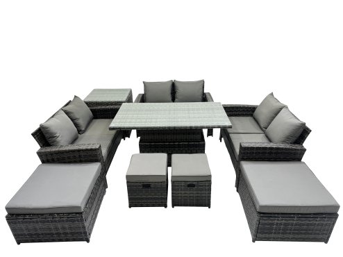 Fimous Outdoor Love Sofa Set 10 Seat Rattan Garden Furniture Set with Adjustable Lifting Dining or Coffee Table Side Table Dark Grey Mixed