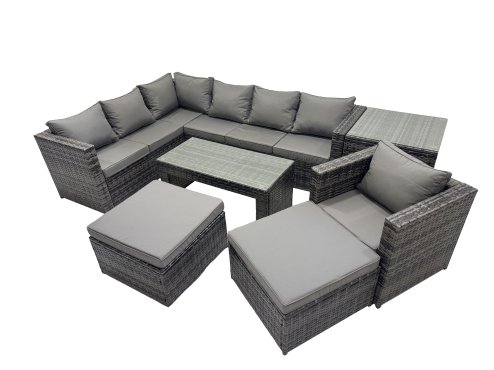 Fimous 7 Pieces Outdoor PE Rattan Garden Furniture Corner Sofa Oblong Coffee Table Set with Cushions 2 Big Footstools Side Table Dark Grey Mixed