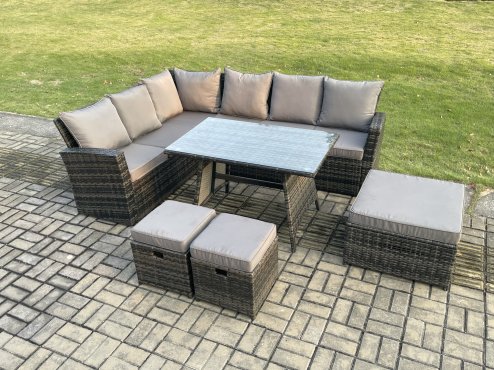 Fimous Outdoor Furniture Garden Dining Set Rattan Corner Sofa Set with Rectangular Dining Table 3 Footstools Dark Grey Mixed