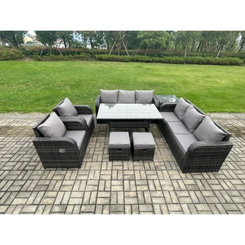 Fimous Outdoor Garden Patio Furniture Wicker Rattan Oblong Rectangular Dining Table and Lounge Sofa set with Side Table 2 Small Footstool Dark Grey Mixed