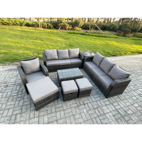 Fimous 10 Seater Rattan Lounge Sofa Set Outdoor Garden Furniture Set with Rectangular Coffee Table 3 Seater Sofa 3 Footstools Side Table Dark Grey Mixed